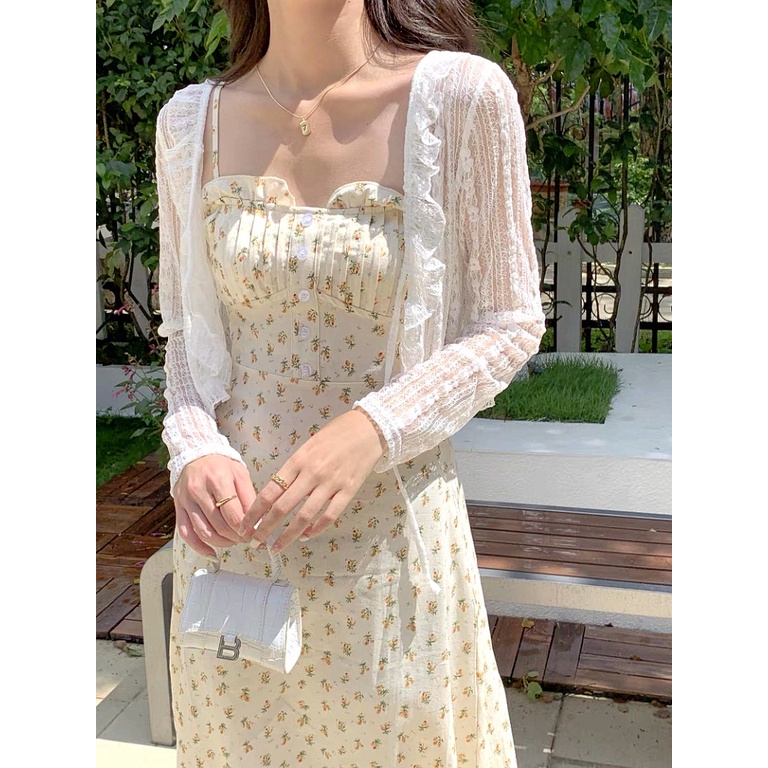Áo Khoác Cardigan Chống Nắng Bằng Lụa Lạnh Mỏng Dáng Ngắn Phối Ren Và Đầm Hai Dây Dành Cho Bạn Nữ