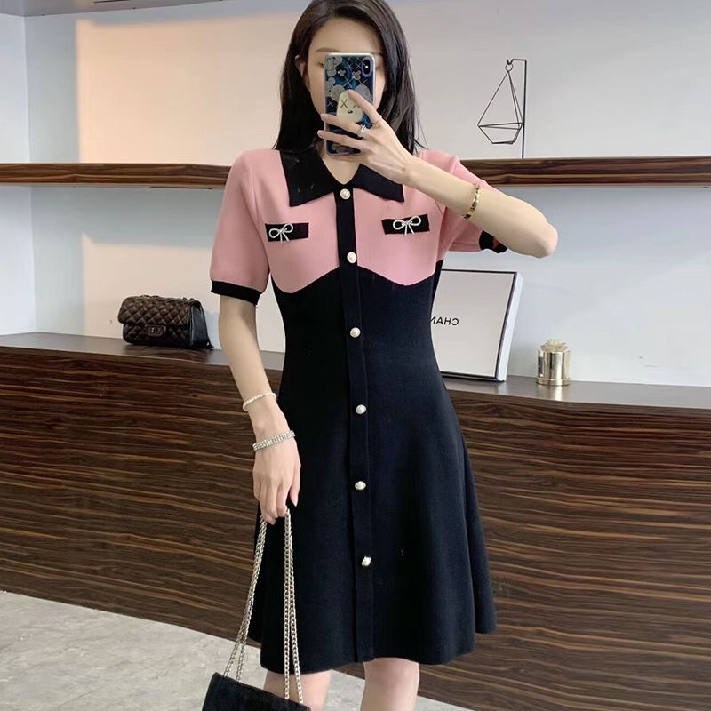 Đầm Thun polo Ngắn Tay Màu Sắc Tương Phản Phong Cách Retro Cao Cấp