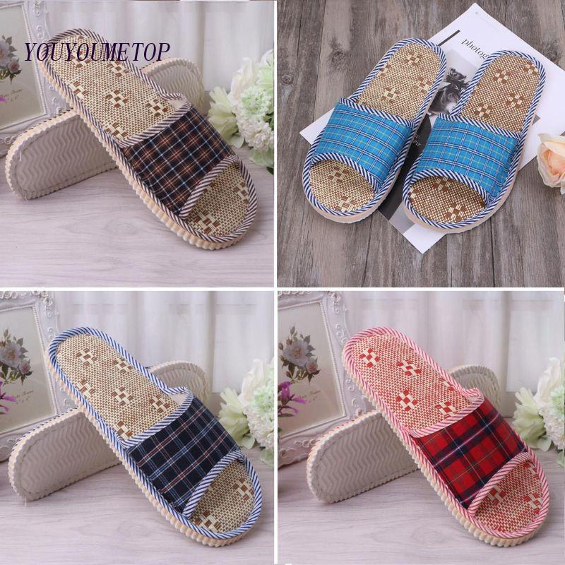 Youyo Dép Đi Trong Nhà Hở Ngón Vải Lanh Họa Tiết Kẻ Sọc Dành Cho Nam Nữ