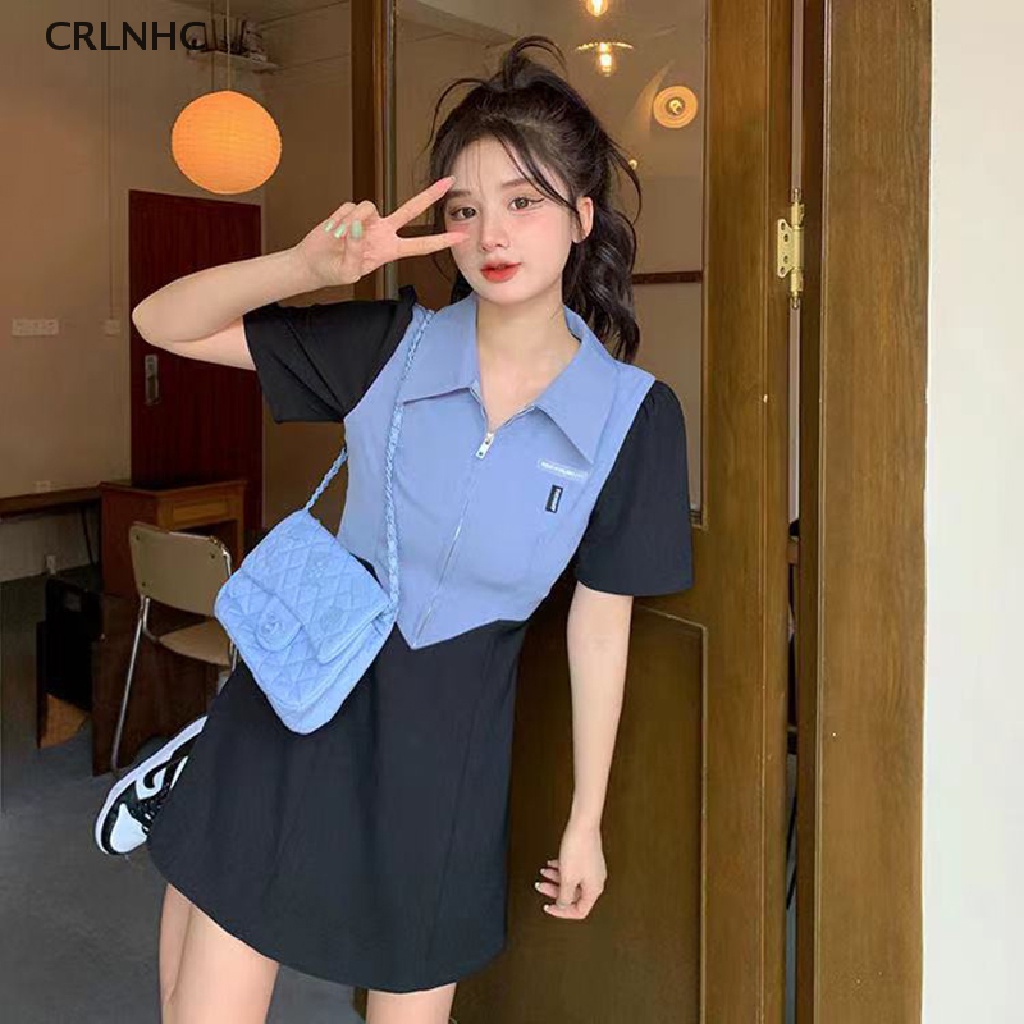 Đầm polo CRLNHC Y2k dáng chữ A ngắn tay xẻ tà phối màu tương phản phong cách Hàn Quốc thời trang mùa hè 2023 cho nữ