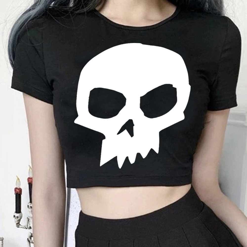 Áo crop top Họa Tiết Đầu Lâu Phong Cách gothic Cổ Điển Những Năm 90s y2k yk2 gothic Cho Nữ