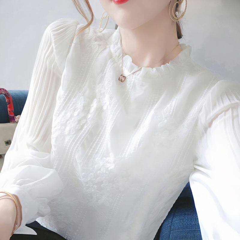 Áo Sơ Mi Chiffon Tay Dài Cổ Tròn Thêu Họa Tiết Phong Cách Retro Thời Trang Xuân Thu Mới Cho Nữ