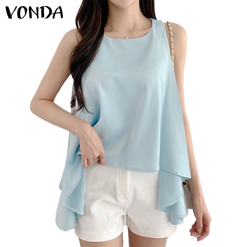 Áo Cổ Tròn Không Tay Vạt Không Đều Viền Bèo Thời Trang Hàn Quốc Cho Nữ