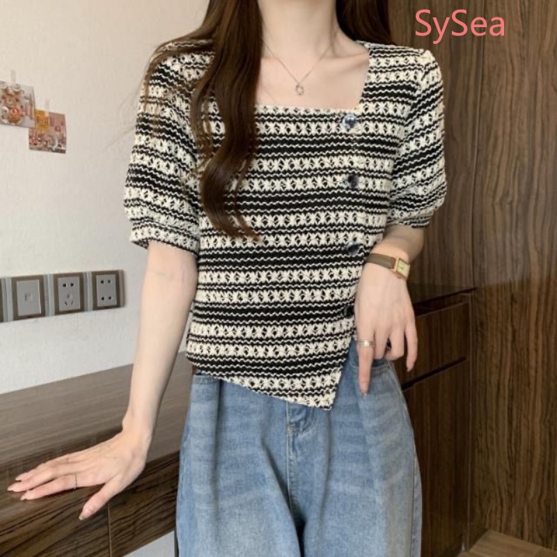 Áo Dệt Kim Tay Phồng Kẻ Sọc Thời Trang Mùa Hè Cho Nữ