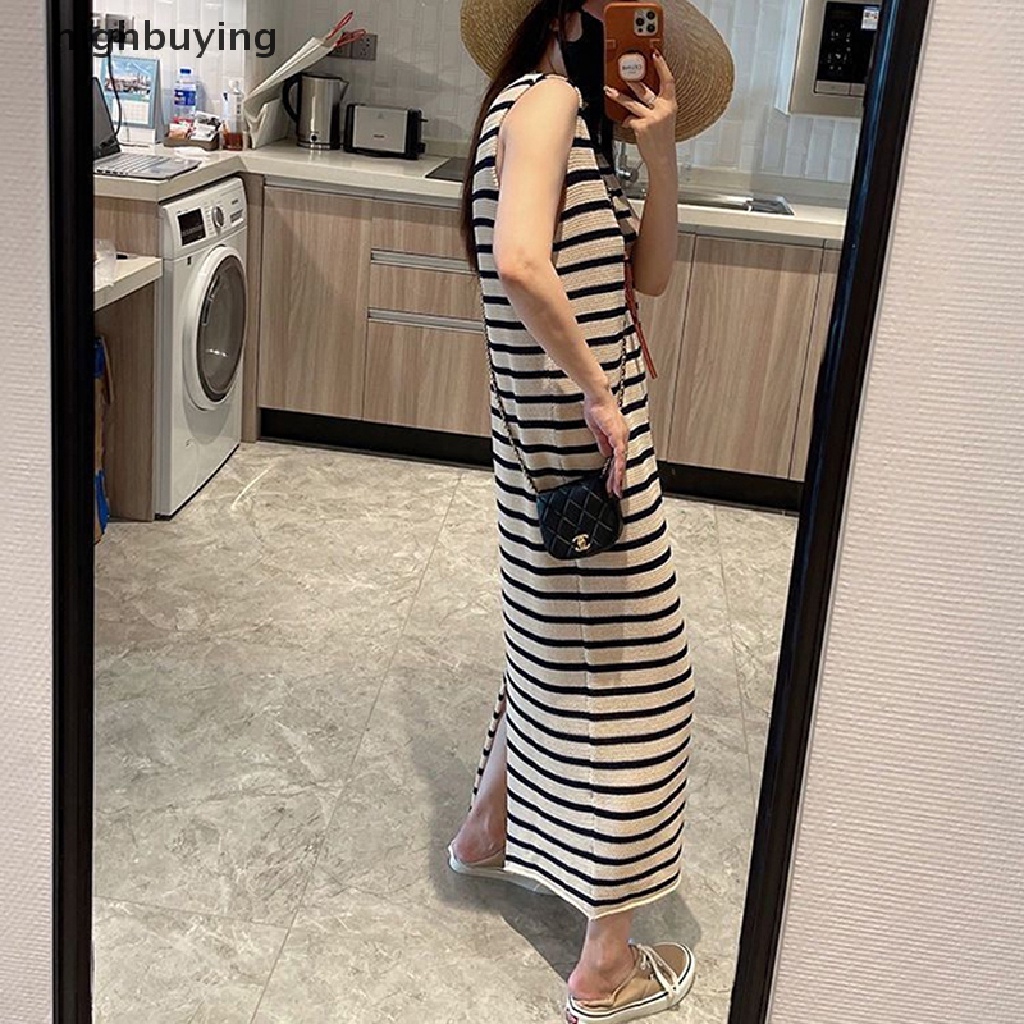 Đầm Dài Không Tay Họa Tiết Kẻ Sọc Phong Cách Hàn Quốc Cho Nữ