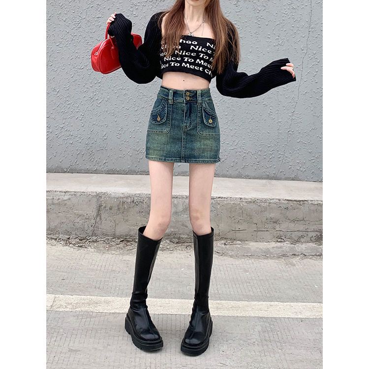 [F &amp; X] Chân Váy Denim Ngắn Dáng Chữ a Lưng Cao Phong Cách Retro Mùa Hè Mới Cho Nữ