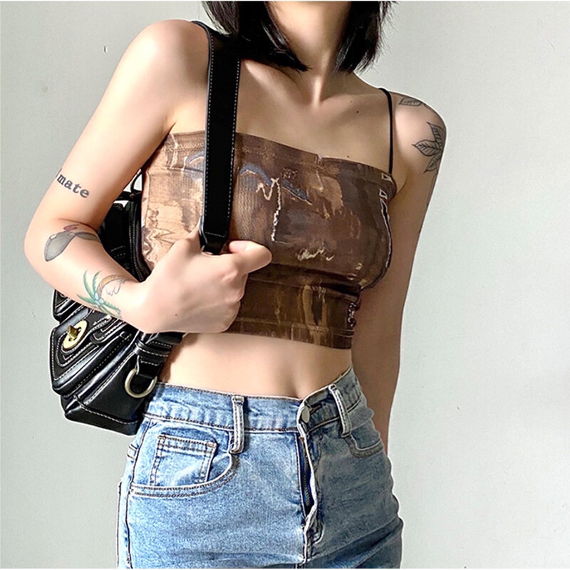 Weird Puss Áo Hai Dây In Tranh Sơn Dầu Nghệ Thuật Retro Mùa Hè Mát Mẻ Quyến Rũ Dành Cho Nữ Đi Du Lịch Nóng Bỏng