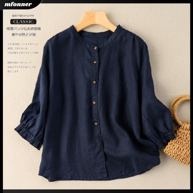 Áo Sơ Mi Cotton Lanh Cổ Tròn Dáng Rộng Màu Sắc Đơn Giản Thanh Lịch Dành Cho Nữ