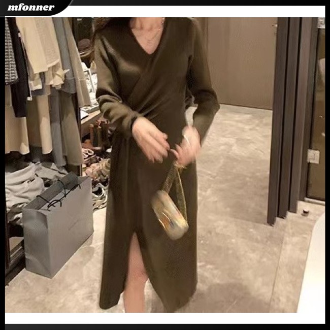 Đầm Dệt Kim Tay Dài Cổ Chữ V Màu Sắc Đơn Giản Cho Nữ