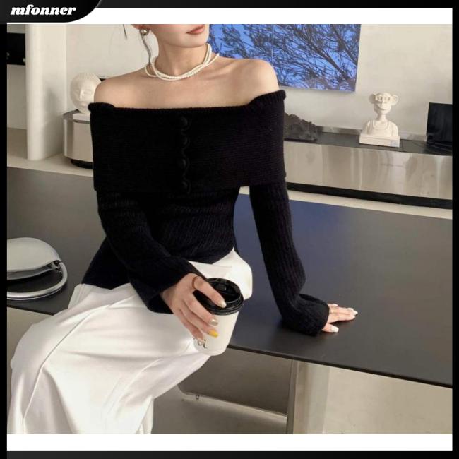 Áo Sweater Dệt Kim Trễ Vai Tay Dài Dáng Ôm Màu Trơn Thời Trang Quyến Rũ Cho Nữ
