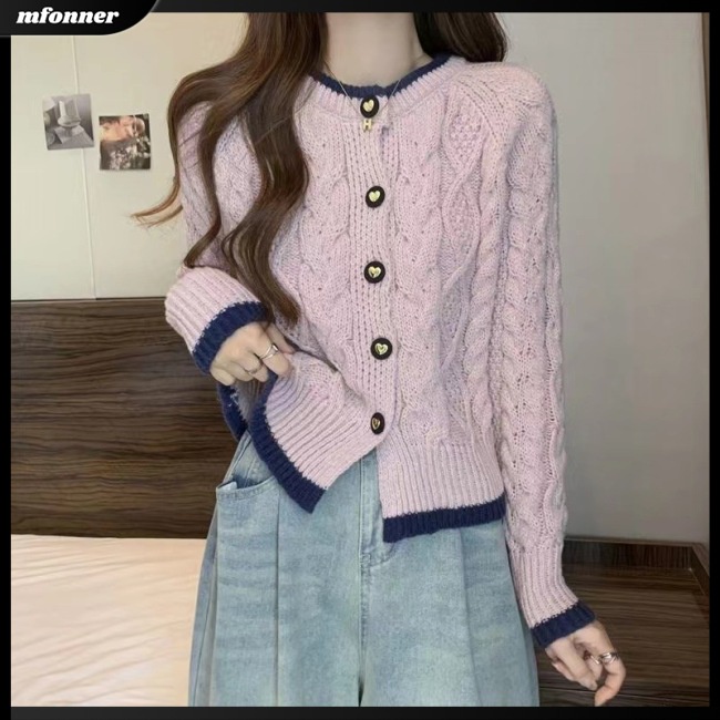 Áo Cardigan Dệt Kim Tay Dài Cổ Tròn Màu Sắc Tương Phản Thời Trang Cho Nữ