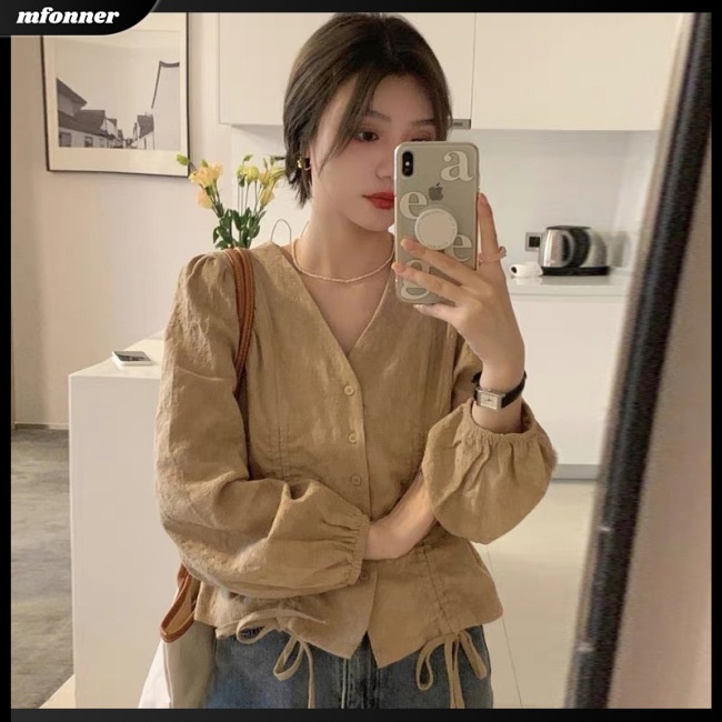 Áo Cardigan Tay Dài Cổ Chữ V Dây Rút Màu Sắc Đơn Giản Cho Nữ