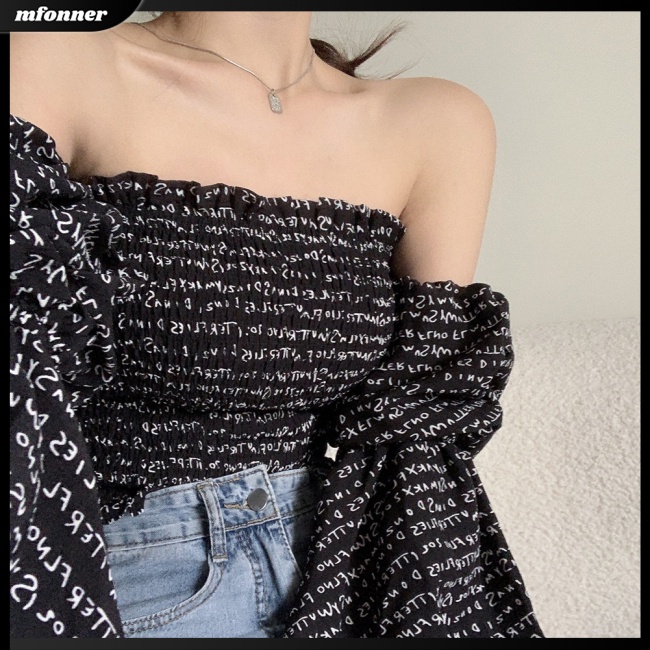 Áo Kiểu Trễ Vai Tay Ngắn Phồng In Chữ Thời Trang Mùa Hè Quyến Rũ Cho Nữ