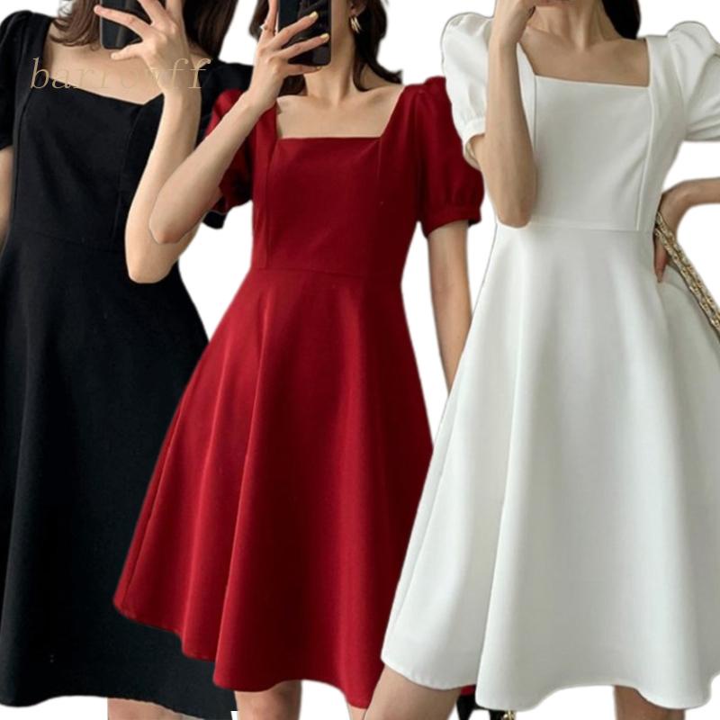 Đầm Midi Dáng Chữ A Tay Ngắn Phồng Cổ Vuông Màu Trơn Kiểu Retro Xinh Xắn Cho Bạn Gái