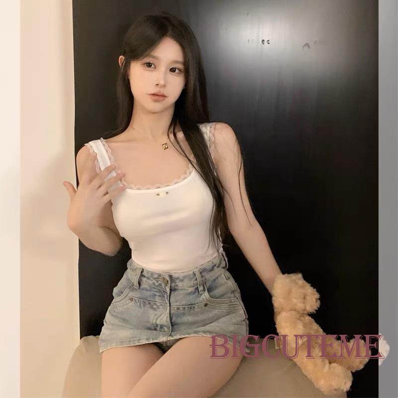 [] Áo Crop Top Không Tay Phối Ren Hoa Hồng 3D Thời Trang Mùa Hè Cho Nữ