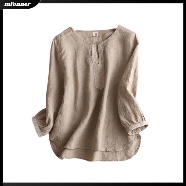 Áo Kiểu Cotton Lanh Tay Dài Cổ Tròn Màu Sắc Đơn Giản Cho Nữ