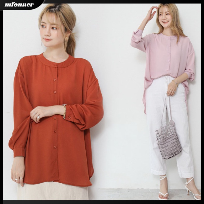 Áo Sơ Mi Chiffon Tay Dài Cổ Tròn Dáng Rộng Màu Sắc Đơn Giản Thanh Lịch Dành Cho Nữ