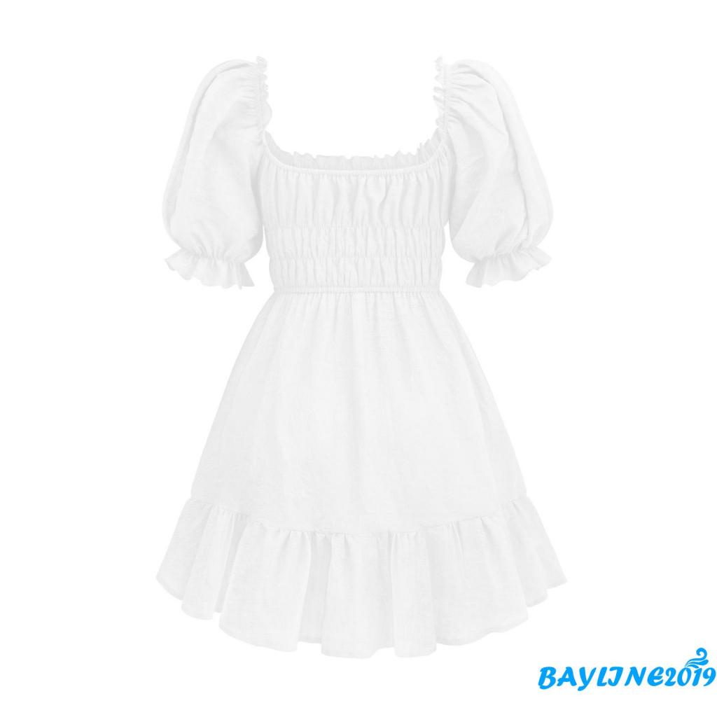 Đầm Tay Phồng Ngắn Cổ Vuông Màu Trơn Thời Trang Mùa Hè Xinh Xắn Cho Nữ