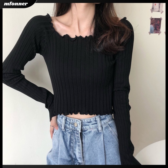 Áo Croptop Dệt Kim Tay Dài Cổ Vuông Màu Sắc Đơn Giản Cho Nữ