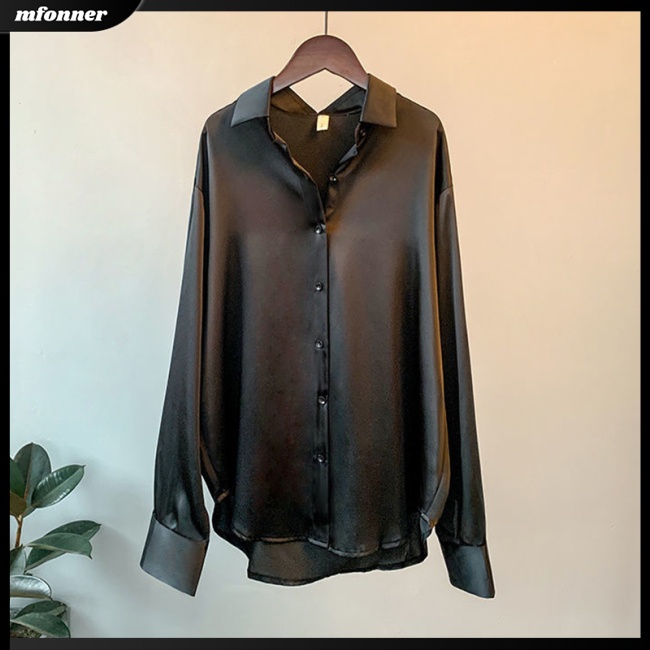 Áo Sơ Mi Satin Dài Tay Dáng Rộng Màu Sắc Đơn Giản Thanh Lịch Cho Nữ