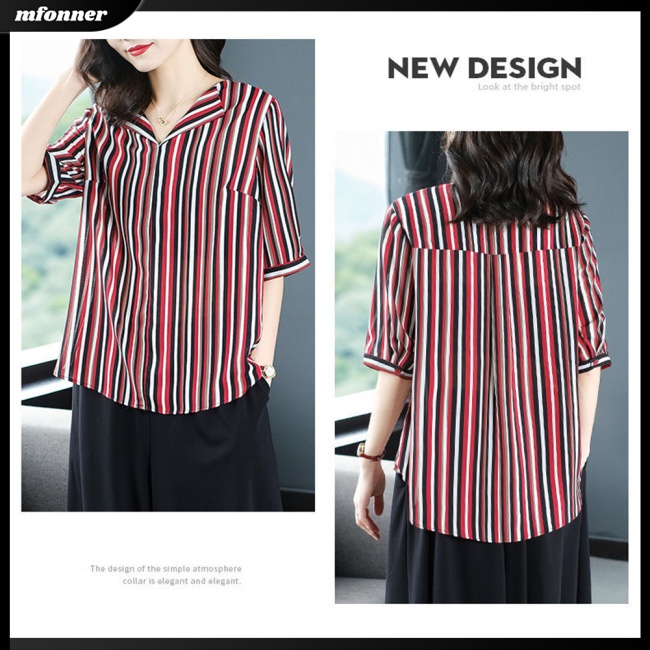 Áo Sơ Mi Chiffon Tay Ngắn Cổ Chữ V Họa Tiết Kẻ Sọc Thời Trang Cho Nữ