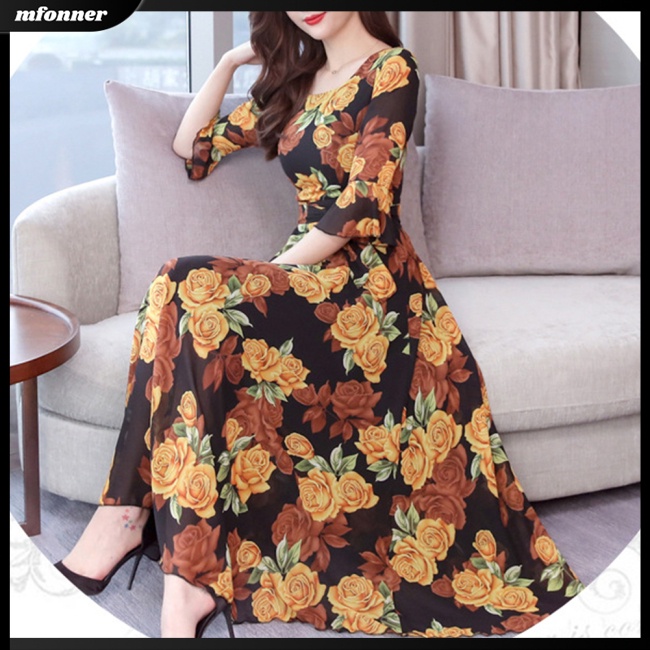 Đầm Dài Chữ A Tay Lửng In Họa Tiết Thời Trang Mùa Hè Dành Cho Nữ