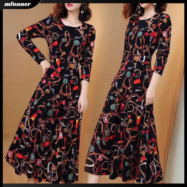 Đầm Dài Tay Cổ Tròn Họa Tiết Hoa Thời Trang Cho Nữ