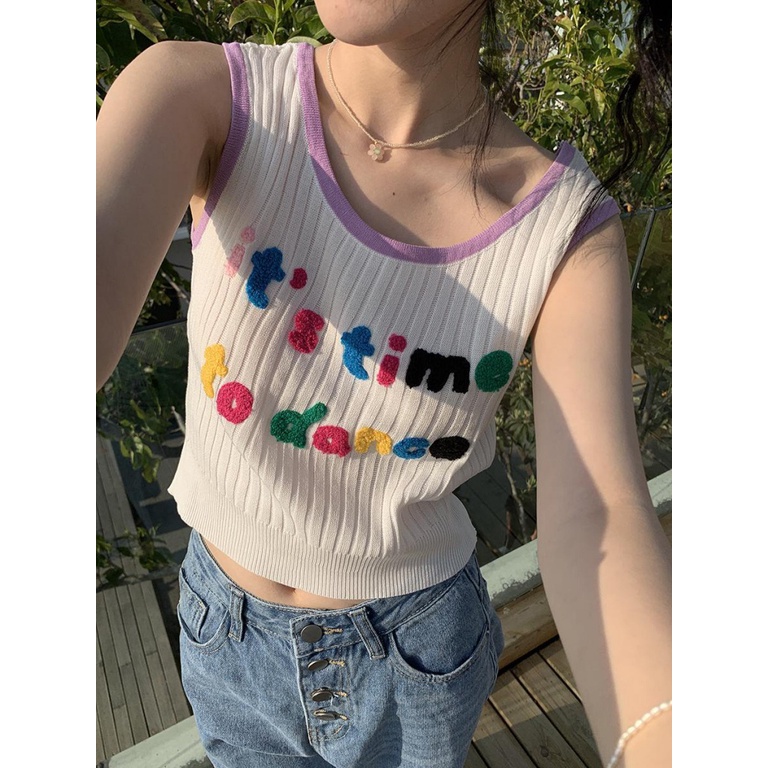 Áo Dệt Kim Sát Nách Dáng Ngắn In Họa Tiết Thời Trang Mùa Hè Phong Cách Hàn Quốc Cho Nữ