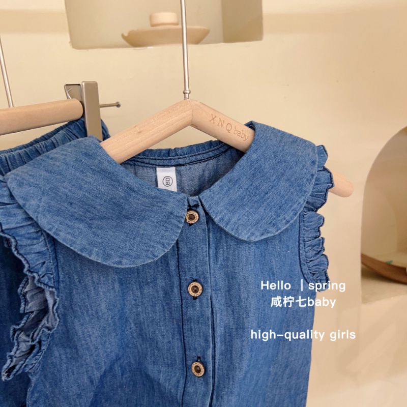 Bộ Áo Sơ Mi + Quần Short Denim Không Tay Thời Trang Mùa Hè Hàn Quốc 2023 Dành Cho Bé Gái