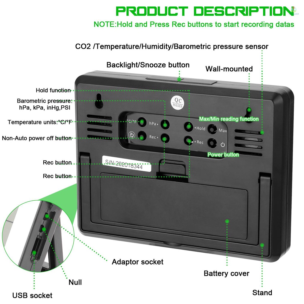 Máy Đo Độ Ẩm Không Khí CO2 Màn Hình LCD Chuyên Nghiệp