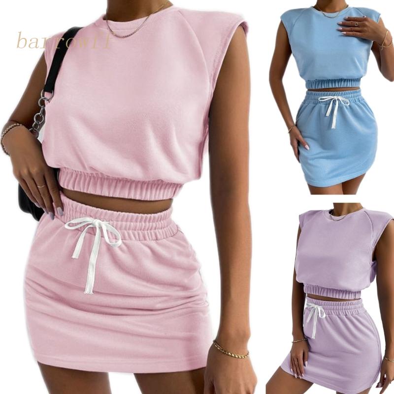 Set Áo Cổ Tròn Không Tay + Chân Váy Lưng Cao Co Giãn Màu Trơn Thời Trang Cho Nữ