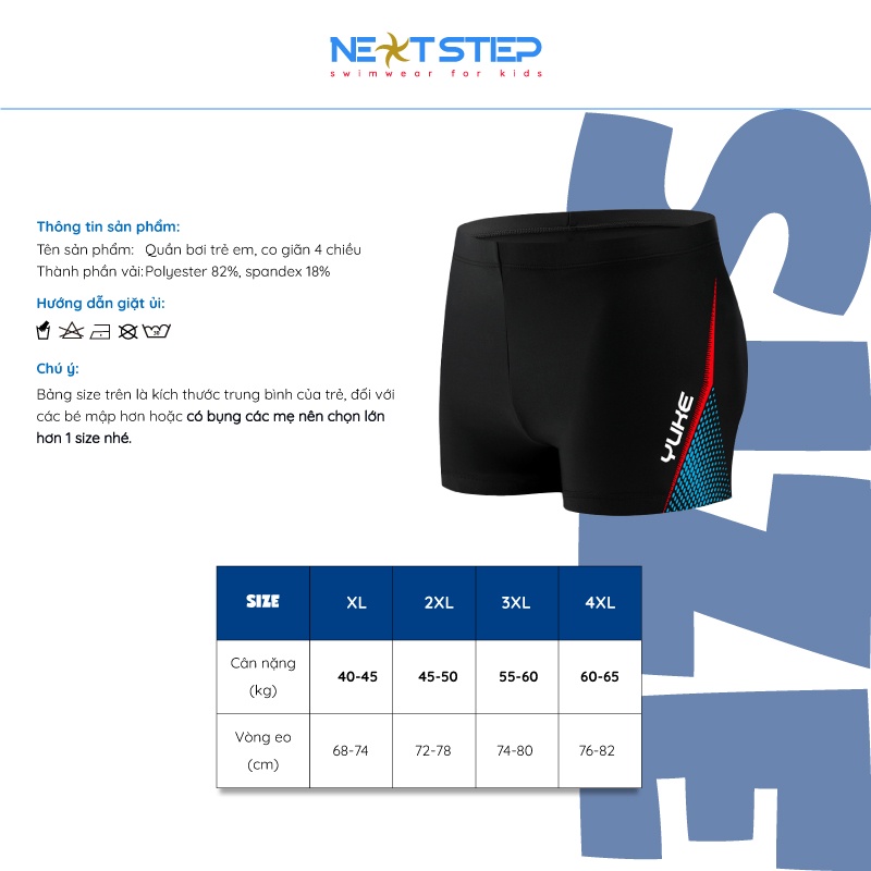 Quần bơi nam - bé trai lớn, hiệu YUKE chất vải co giãn 4 chiều, phong cách thể thao năng động có size từ 40kg đến 65 kg