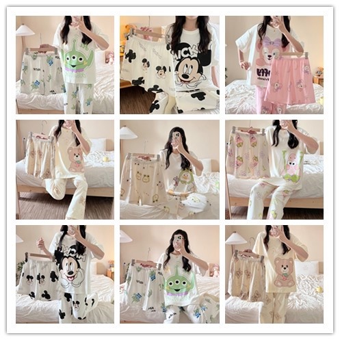 Bộ Đồ Ngủ Mùa Hè Nữ Phiên Bản Mới Áo Chui Đầu Bộ Ba Mảnh Lụa Sữa Cotton Loungewear Bộ Hoạt Hình Dễ Thương Bé Trai Ba Mắt Ngôi Sao Delu Mickey Bộ Đồ Ngủ Nữ Loungewear Bộ Đồ Ngủ