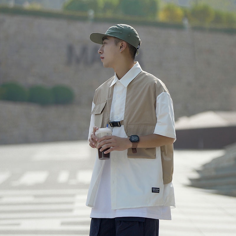 Áo Sơ Mi Ngắn Tay Giả Hai Lớp Phong Cách Đường Phố Thời Trang Mùa Hè Cho Nam