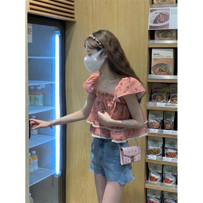 Áo Thun Ngắn Tay Cổ Vuông In Hoa Nhỏ Thiết Kế Xia Xiaozhong Ngọt Ngào Cho Nữ