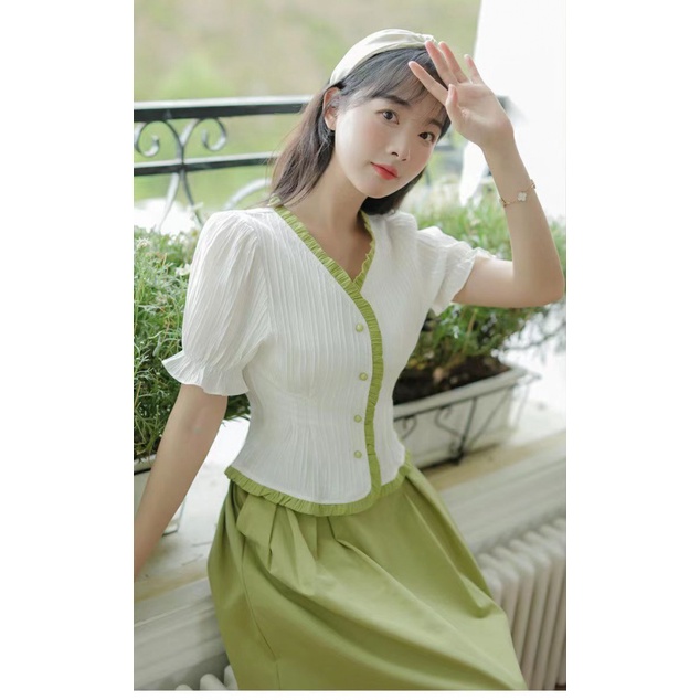 Áo chiffon Ngắn Tay Cổ Chữ V Lưng Cao Thời Trang Mùa Hè Hàng Mới 2023 Dành Cho Bạn Nữ