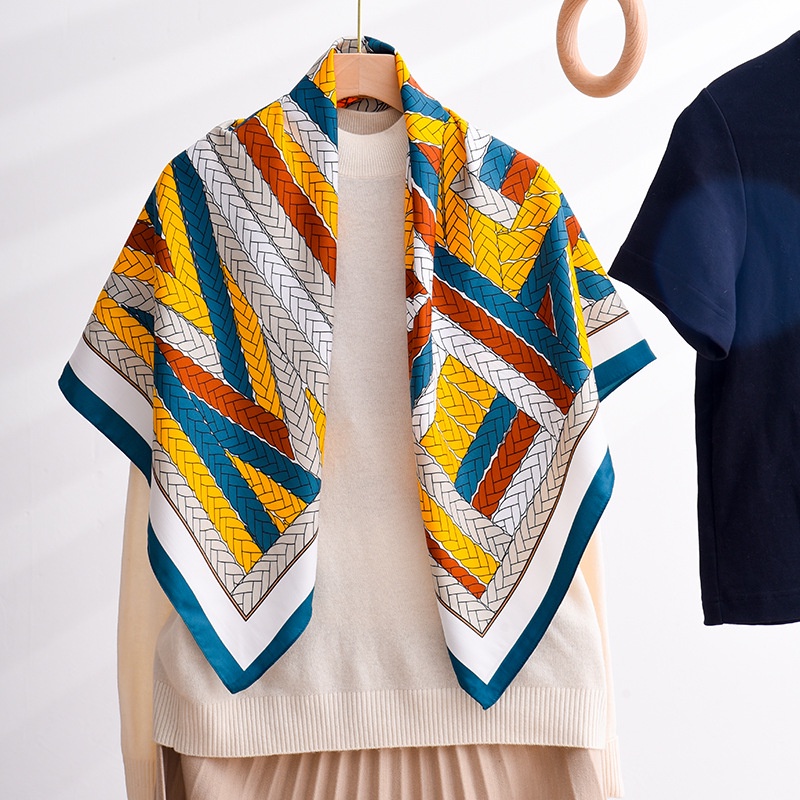 Khăn Choàng Lụa Vuông 90 * 90cm Chống Nắng In Họa Tiết Màu Tương Phản Thời Trang