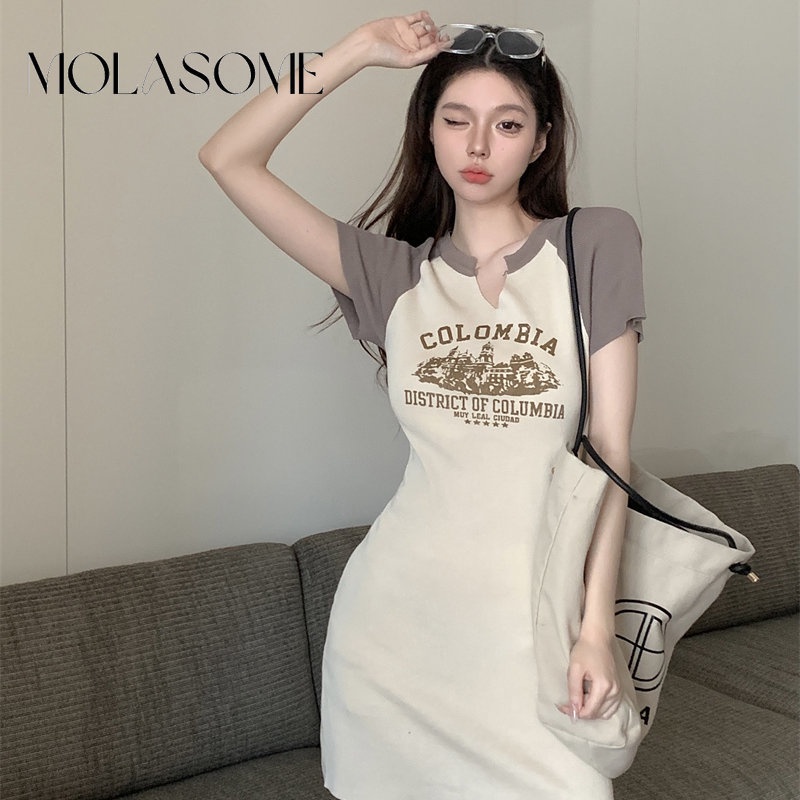 MOLASOME Đầm Midi Tay Ngắn Cổ Chữ V Màu Sắc Tương Phản Phong Cách Hàn Quốc Thời Trang Cho Nữ 2023