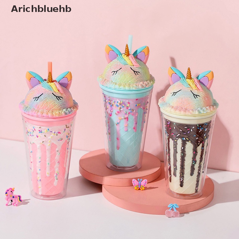 < Arichbluehb > Cốc Uống Nước Hai Lớp Bằng Nhựa Họa Tiết Kỳ Lân Hoạt Hình Đáng Yêu Thời Trang Mùa Hè Có Ống Hút Cao Cấp Làm Quà