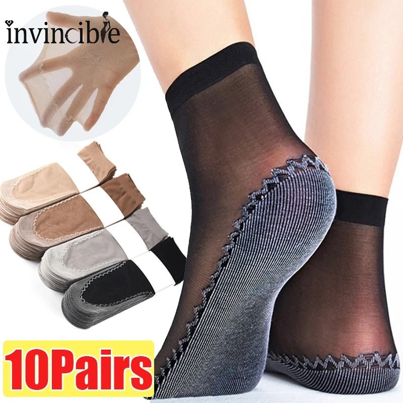 Set 10 Đôi Vớ Ngắn Siêu Mỏng Bằng Lụa Pha Lê Chống Trượt Thoáng Khí Vô Hình