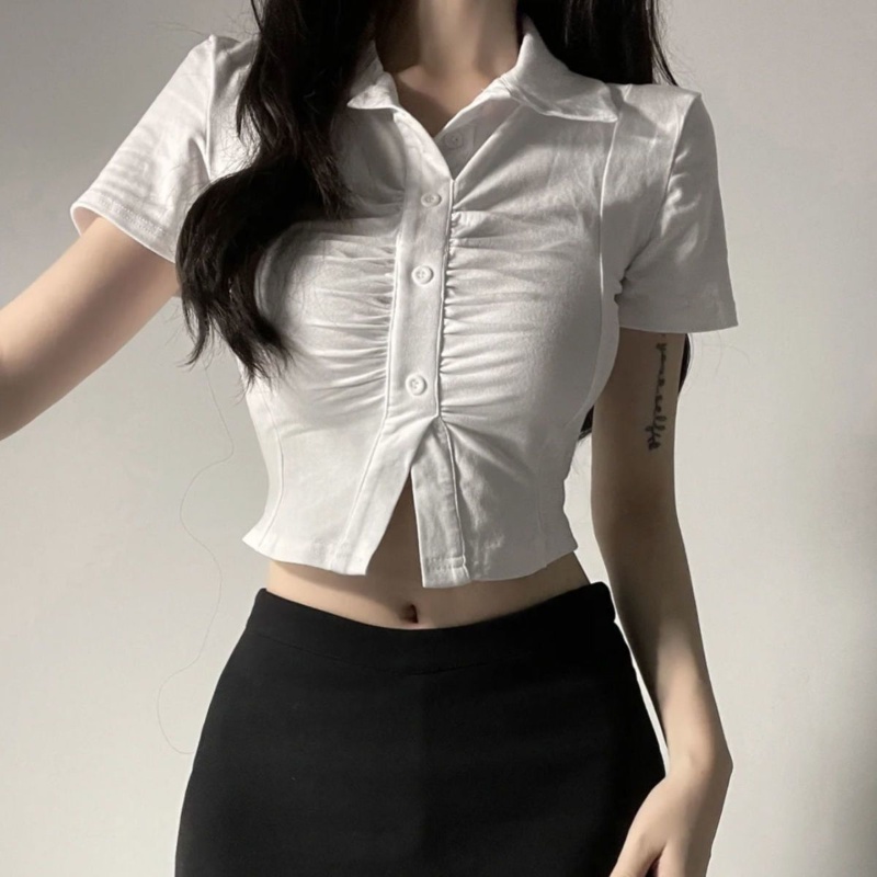 COZOK Áo Sơ Mi Ngắn Tay Cổ Bẻ Xếp Ly Eo Thắt Dây Phong Cách