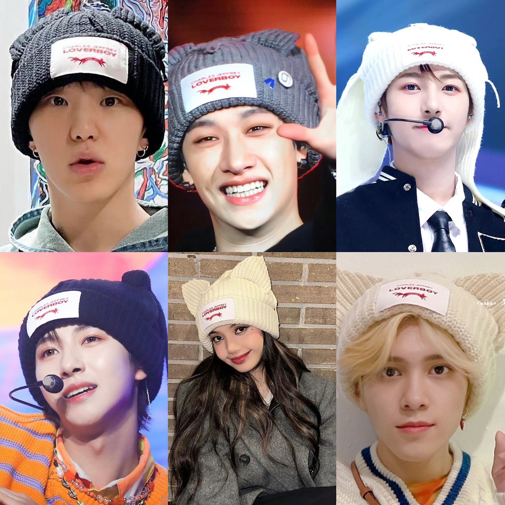 Mũ Len Dệt Kim Màu Trơn Thiết Kế Tai Mèo Thời Trang Kpop StrayKids BLACKPINK