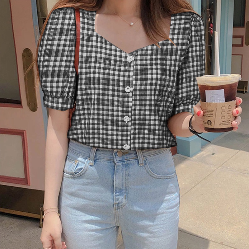 Áo nữ ZANZEA tay phồng họa tiết caro thời trang