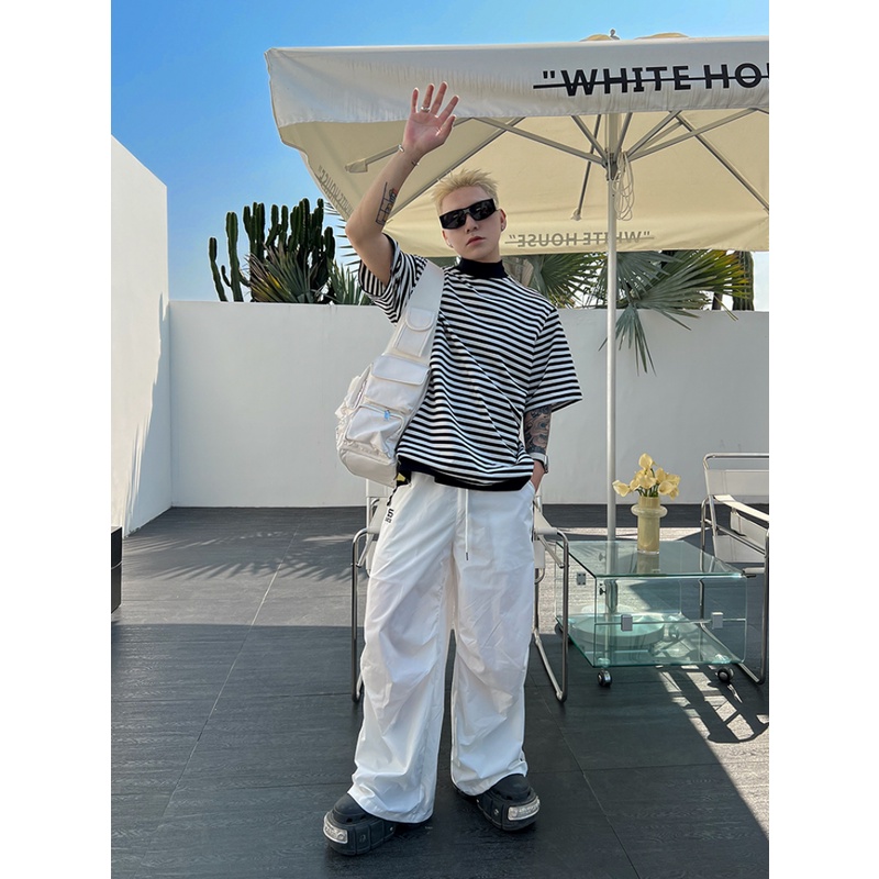 Áo Thun Cổ Lọ Tay Ngắn Dáng Rộng Họa Tiết Kẻ Sọc Trắng Đen Thời Trang Mùa Hè Cho Nam