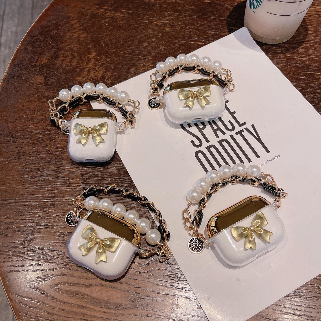 Vỏ Bảo Vệ Hộp Sạc Tai nghe không dây AirPods 1 / 2 / 3 Pro2 2022 Bằng Silicon tpu Mềm Trong Suốt Đính Nơ 3D Mạ Điện