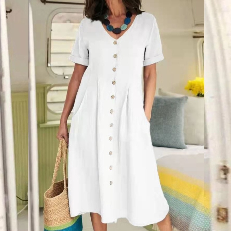 Xiangbao Đầm Dài Cổ Chữ V Có Túi Thời Trang Mùa Hè Cho Nữ Chụp Ảnh