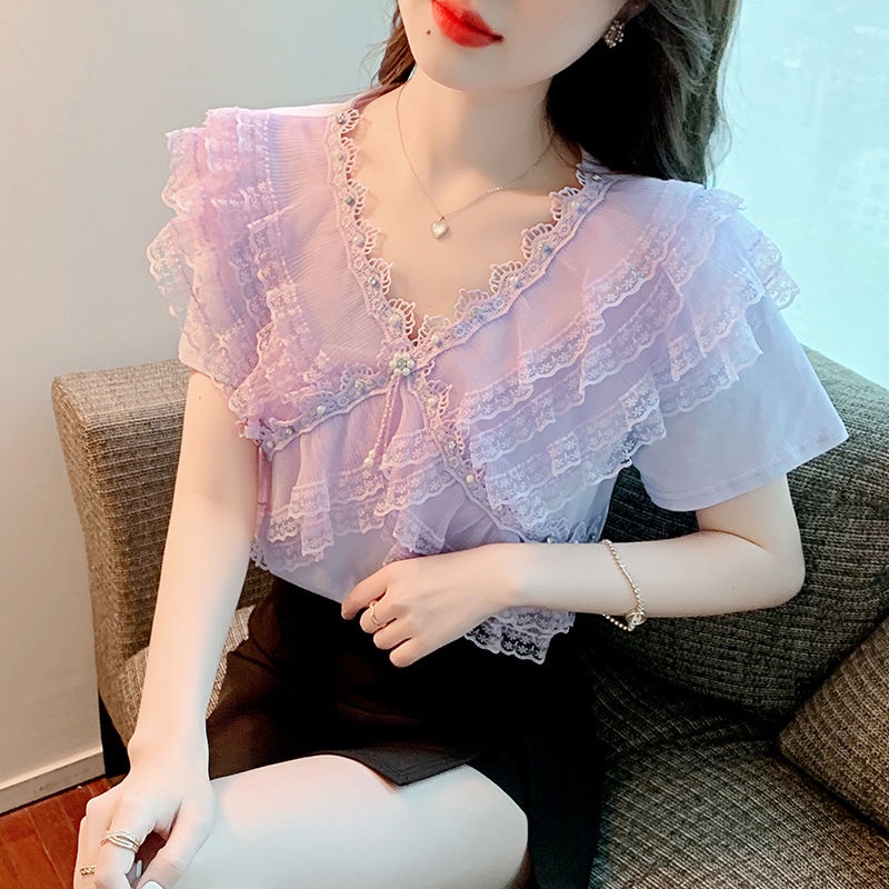 Áo Thun Ngắn Tay Cổ Chữ V Phối Ren Bèo Đính Hạt Ngọt Ngào Thời Trang Mùa Hè Phong Cách Mới 2023