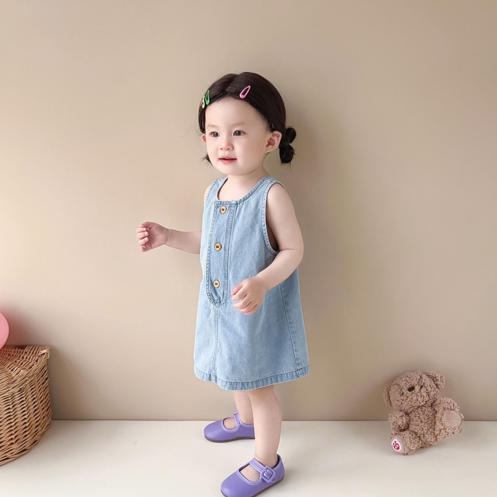 Đầm Denim Sát Nách Mềm Mại Phong Cách Hàn Quốc Thời Trang Mùa Hè Cho Bé Gái 6SCB