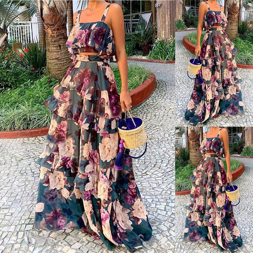 Bộ Áo Crop Top + Chân Váy Dài Lưng Cao Nhún Bèo Phong Cách Bohemia Thời Trang Đi Biển Mùa Hè Cho Nữ [MM0503