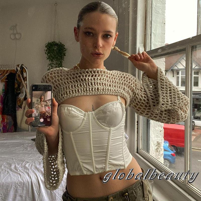 Áo Dệt Kim Tay Loe Dài Màu Sắc Đơn Giản Cho Nữ